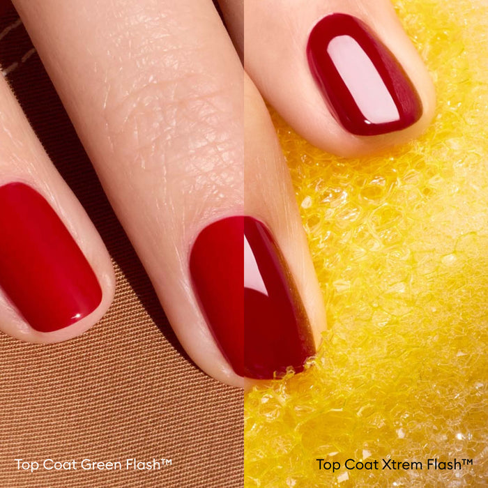 A close-up shows two manicured fingers with glossy red polish from Manucurist's Super Starter Kit. Left: matte brown background says "Top Coat Green Flash™"; right: yellow textured background says "Top Coat Xtrem Flash™".