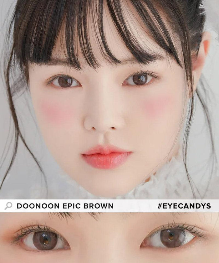 Model showcasing the natural look using DooNoon Epic 1-Day Brown (10pk) prescription color contacts, above a closeup of a pair of eyes transformed by the color contact lenses
