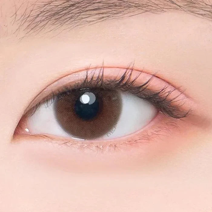 Macro shot of an eye wearing the DooNoon Ppeum 1-Day Brown (10pk) prescription colour contact lens, showing the multi-colored detail and natural effect on dark brown eyes.