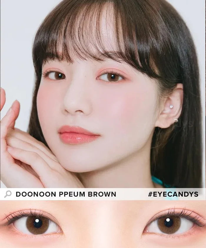 Model showcasing the natural look using DooNoon Ppeum 1-Day Brown (10pk) prescription color contacts, above a closeup of a pair of eyes transformed by the color contact lenses