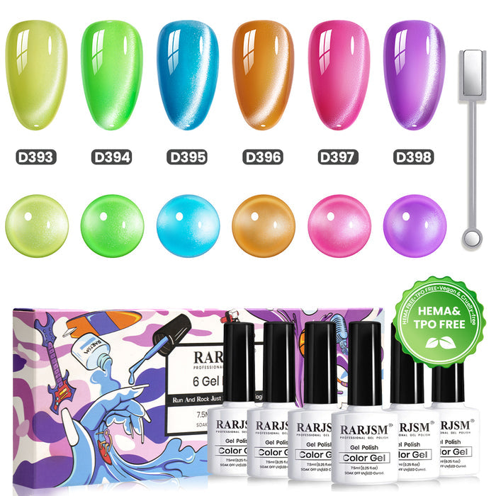 Dopamine Neon Cat Eye Gel Polish Set - 6 Colors Summer Vibrant Collection 7.5ml - TPO & HEMA Free