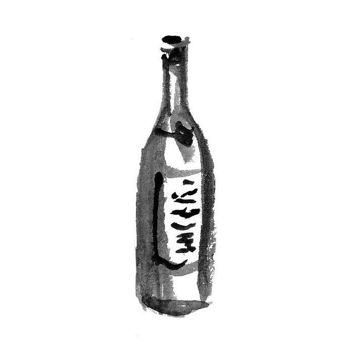 Red wine bottle with monochrome sketch label and dark foil neck