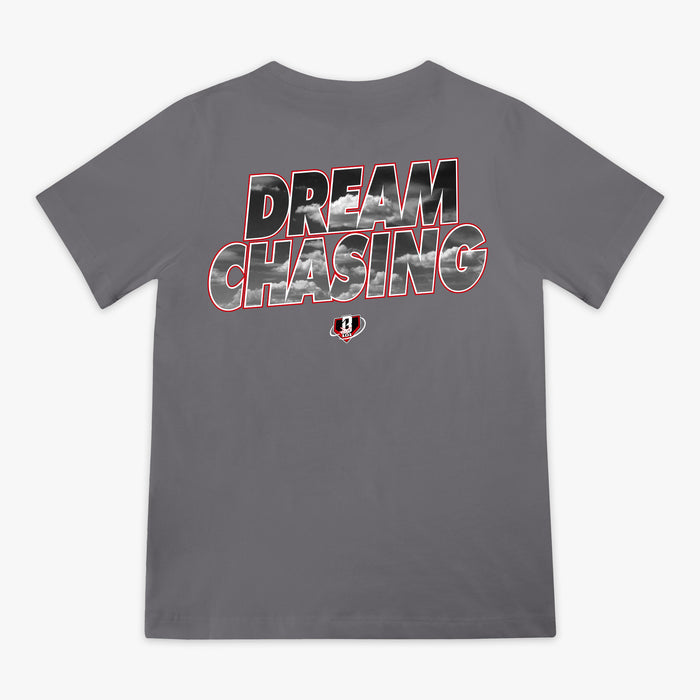 Gray Dream Chaser Red Eye youth graphic tee — back view