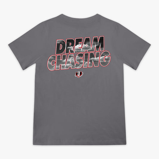 Gray Dream Chaser Red Eye youth graphic tee — back view