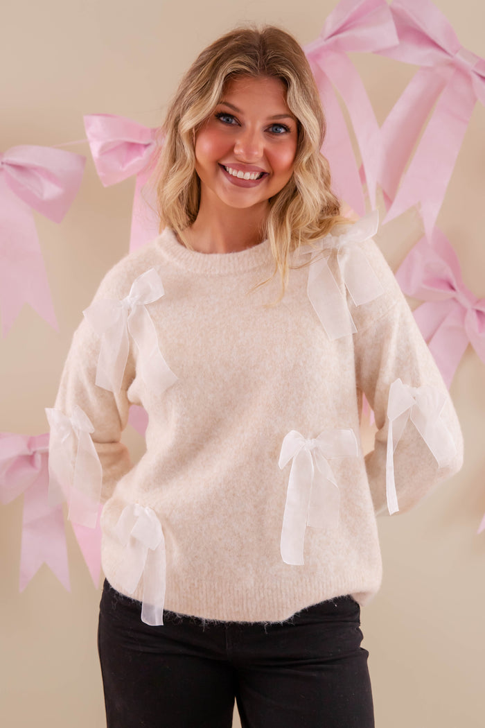 Women's Bow Applique Sweater- Ribbon Bow Sweater- Coquette Bow Sweater