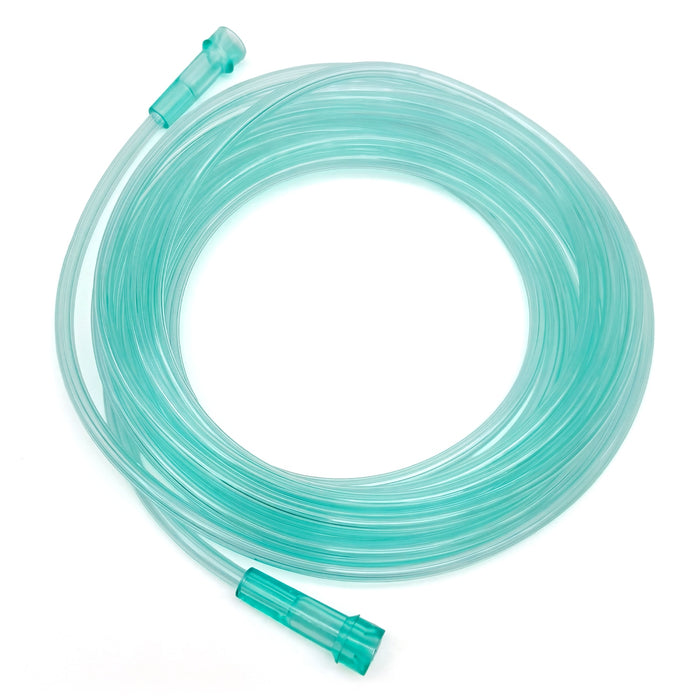 Coiled green oxygen tube with connectors on a white background