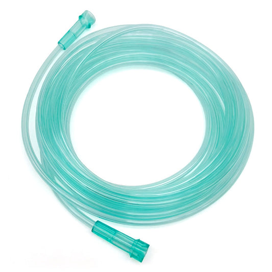 Coiled green oxygen tube with connectors on a white background