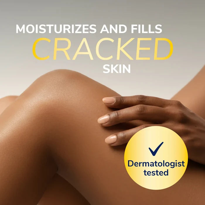 Hand smoothing balmlike lotion over skin, with circle badge icon on side