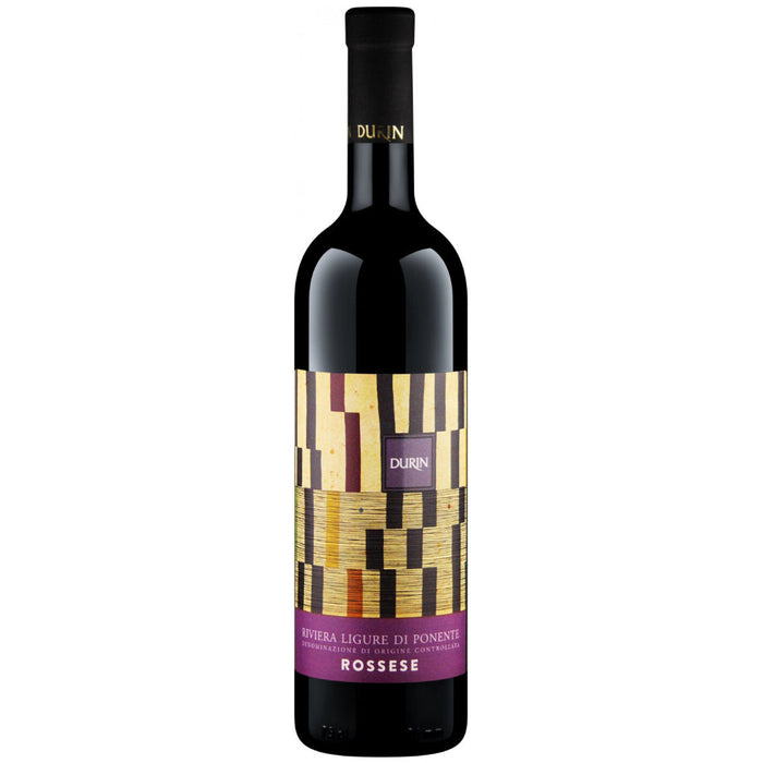 Durin wine bottle with dark glass and gold geometric label plus purple band