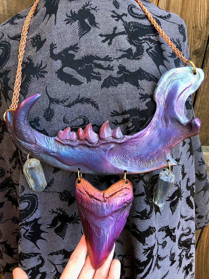 DUST BEAST FANTASY NECKLACE- PURPLE/RED/GREEN COLORSHIFT WITH SHARK TOOTH
