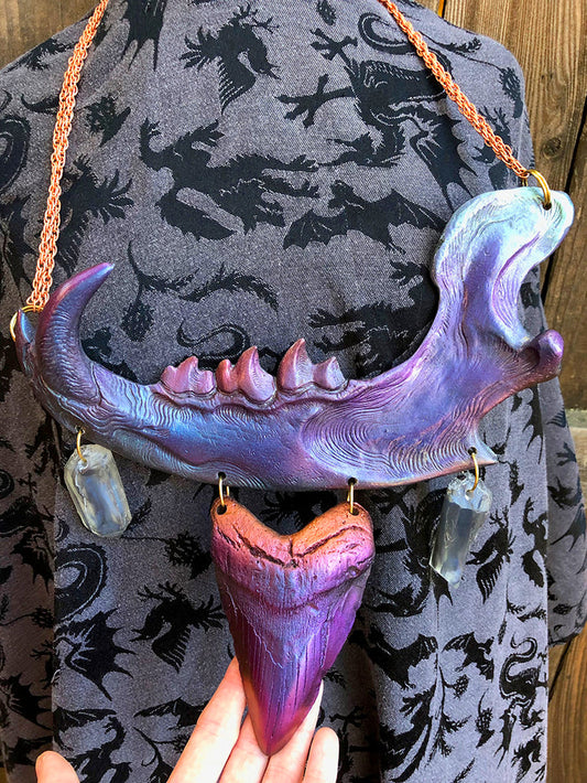 DUST BEAST FANTASY NECKLACE- PURPLE/RED/GREEN COLORSHIFT WITH SHARK TOOTH
