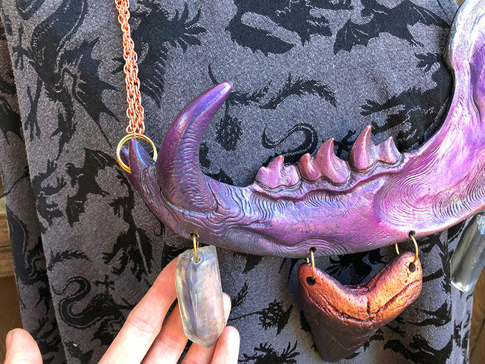 DUST BEAST FANTASY NECKLACE- PURPLE/RED/GREEN COLORSHIFT WITH SHARK TOOTH