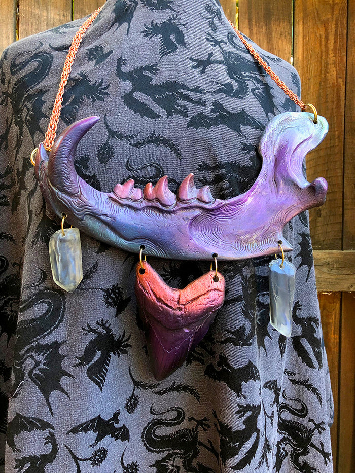 DUST BEAST FANTASY NECKLACE- PURPLE/RED/GREEN COLORSHIFT WITH SHARK TOOTH