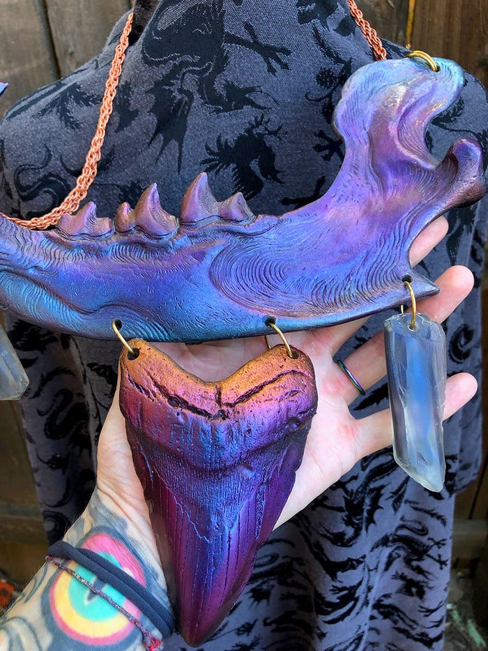 DUST BEAST FANTASY NECKLACE- PURPLE/RED/GREEN COLORSHIFT WITH SHARK TOOTH