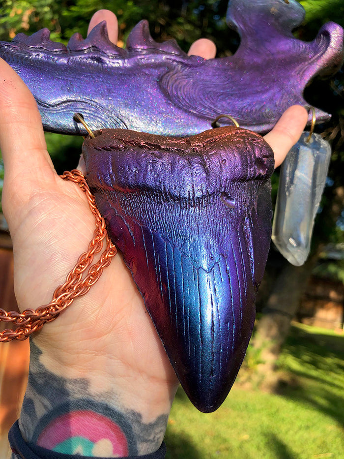 DUST BEAST FANTASY NECKLACE- PURPLE/RED/GREEN COLORSHIFT WITH SHARK TOOTH