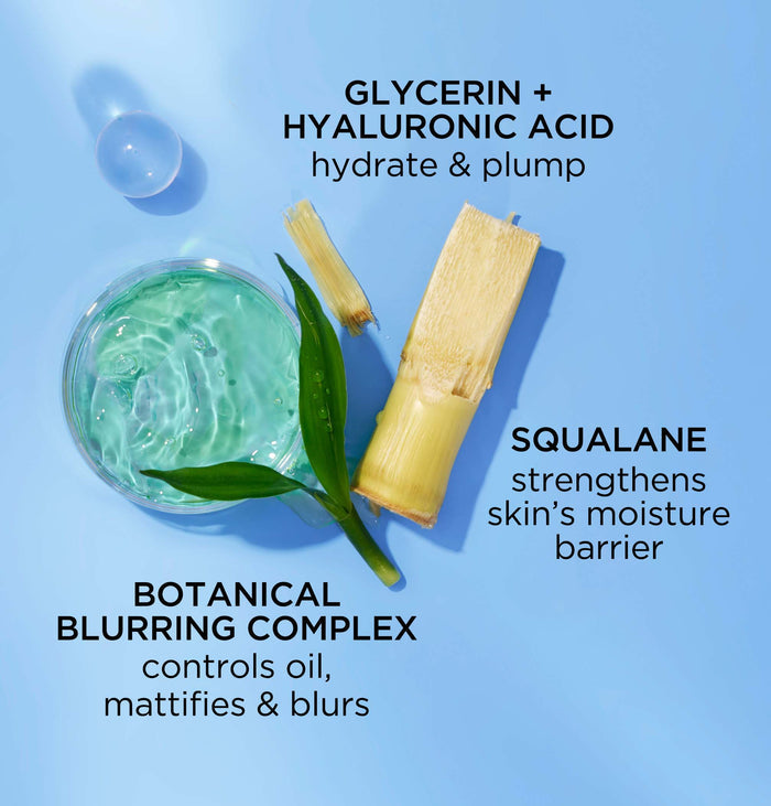 Ingredients- Glycerin and Hyaluronic Acid hydrates and plump, Squalane strengthens skin's moisture barrier and Botanical Blurring complex controls oil, mattifies and blurs