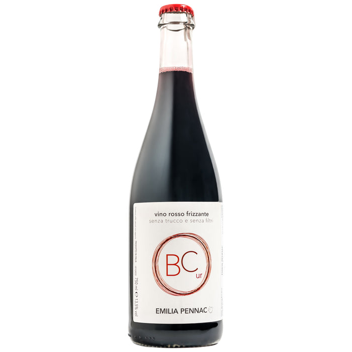Sparkling red wine bottle with dark glass, red foil cap, and Emilia Pennac label