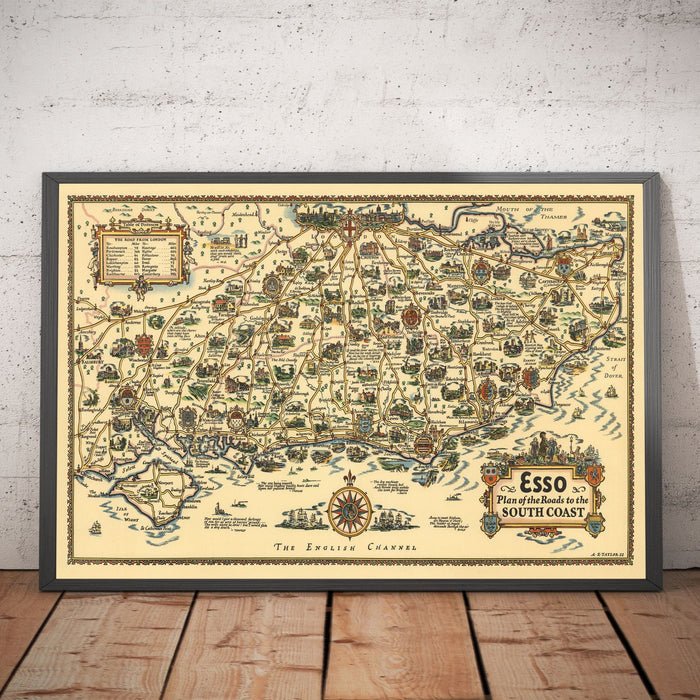 Esso Plan of Roads to the South Coast 1931 - Kent, Sussex, Surrey, Hampshire - Old Vintage Car Map - Pratts, Standard Oil
