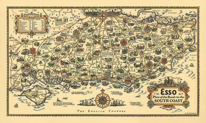 Esso Plan of Roads to the South Coast 1931 - Kent, Sussex, Surrey, Hampshire - Old Vintage Car Map - Pratts, Standard Oil
