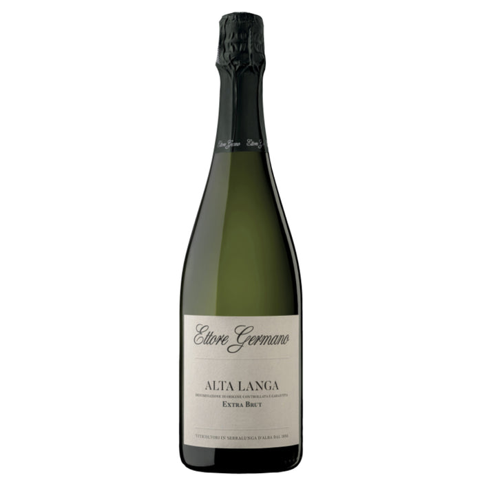 Sparkling wine bottle with Ettore Germano label, Alta Langa 2019, black foil cap