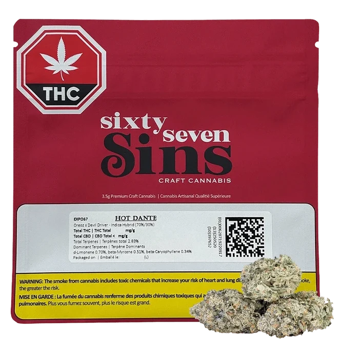 Front view of the red EXPO67 pouch labeled "sixty seven Sins" with a white info panel and cannabis buds at the lower right.