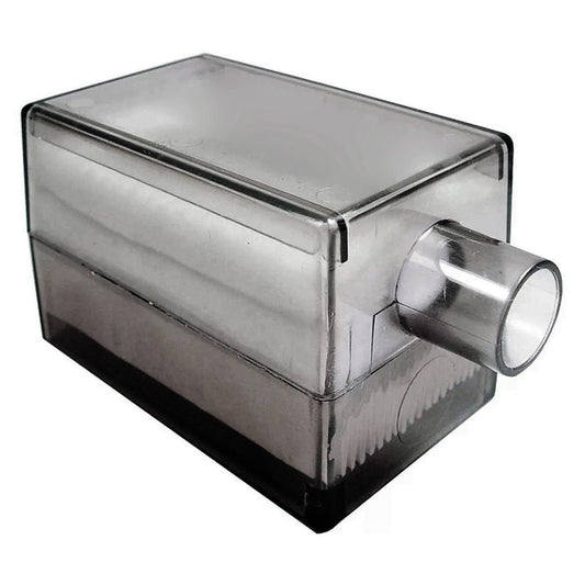 A transparent intake filter with a metal connector designed for use with an oxygen concentrator.