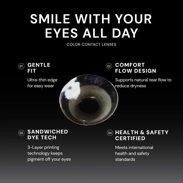 A grey EyeCandys Amelie Earl Grey lens is centered on black, with four features—gentle fit, comfort flow design, sandwiched dye tech, and health & safety certified—showcasing how these contacts offer natural-looking enhancement.