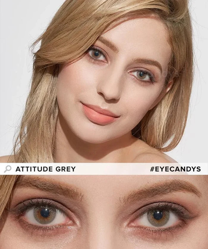 A woman with blonde hair and natural makeup wears EyeCandys Attitude Glitter Grey contacts. The top image shows her face and the bottom a close-up of her eyes. Text reads "ATTITUDE GREY" and "#EYECANDYS".