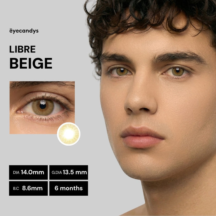 Male model wearing EyeCandys Libre Beige prescription colored contact lens, natural beige eye enhancement, best contact lens, affordable contact lens price
