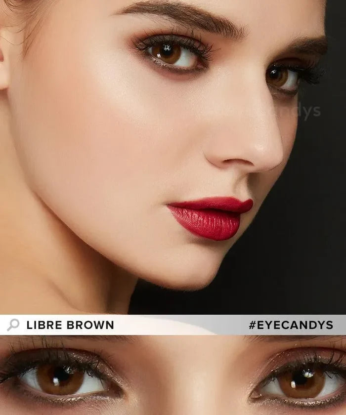 Close-up of EyeCandys Libre Brown colored prescription contact lenses on a model's eyes, with a closeup of her eyes showing the natural transformative effect of the brown contacts.