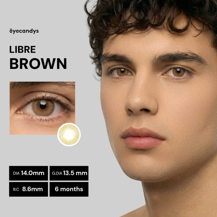 Male model wearing EyeCandys Libre Brown prescription colored contact lens, natural and warm brown eyes, best contact lens, affordable contact lens price