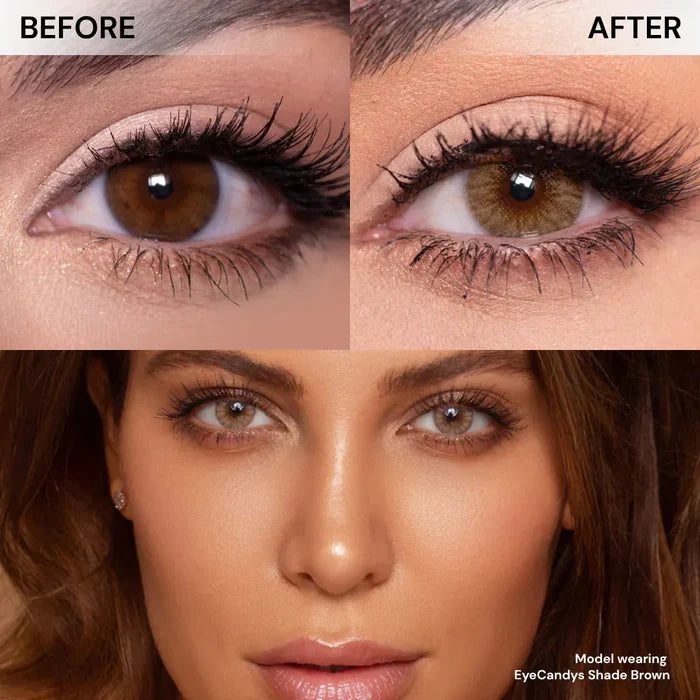 Close-up before-and-after: a brown eye with natural lashes, then wearing EyeCandys Shade Brown contacts for a subtle look. Below, a woman with brown eyes and makeup gazes at the camera. Text: "Model wearing EyeCandys Shade Brown.