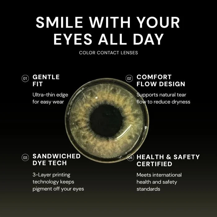 Macro shot of EyeCandys Shade colored contact lens – gentle fit, Comfort Flow design, sandwiched dye technology, and health & safety certified