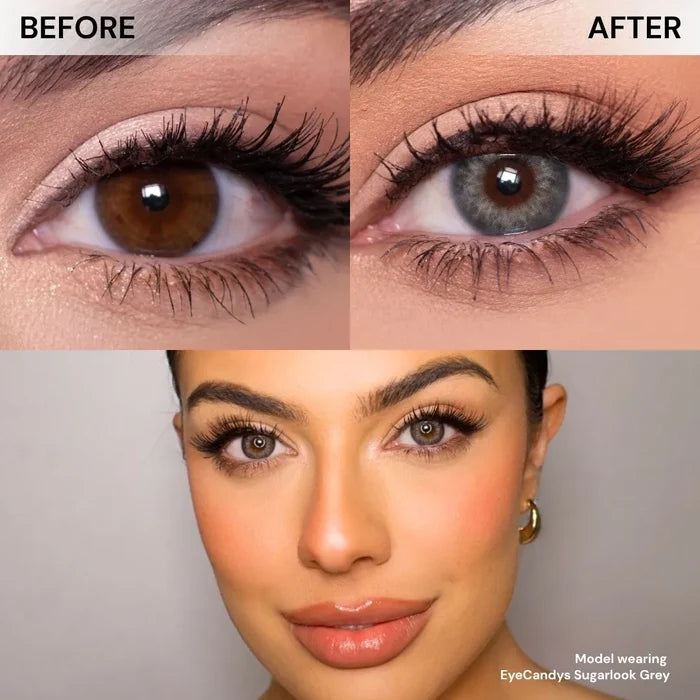 Close-up of eye before and after wearing EyeCandys Sugarlook Grey prescription colored contact lenses; model wearing Sugarlook Grey for natural grey eye look – mid enlargement, opaque coverage, natural effect.