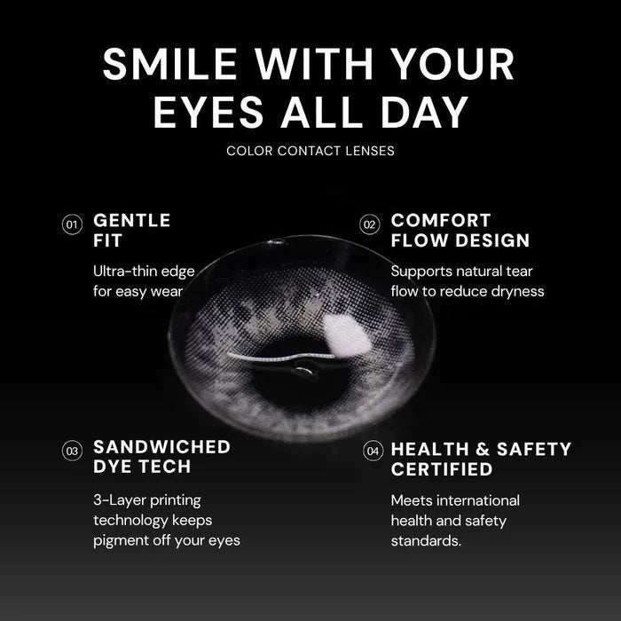 Macro shot of EyeCandys sugarlook colored contact lens – gentle fit, Comfort Flow design, sandwiched dye technology, and health & safety certified
