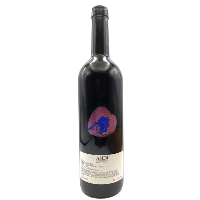 Fausto Andi Rosato wine bottle with dark glass and colorful emblem label