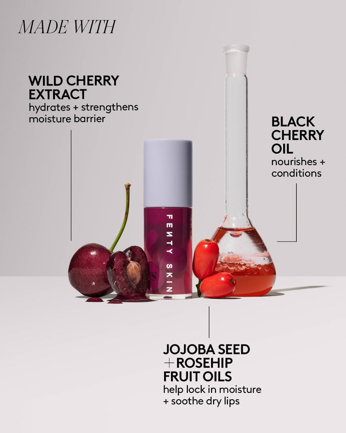 Fenty Skin Fenty Treats Lip Oil is made with wild cherry extract, black cherry oil, and jojoba seed + rosehip fruit oils.
