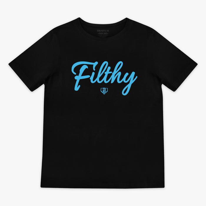 Black and light blue Filthy youth graphic tee — front view