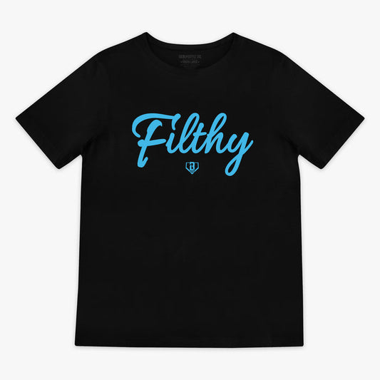 Black and light blue Filthy youth graphic tee — front view