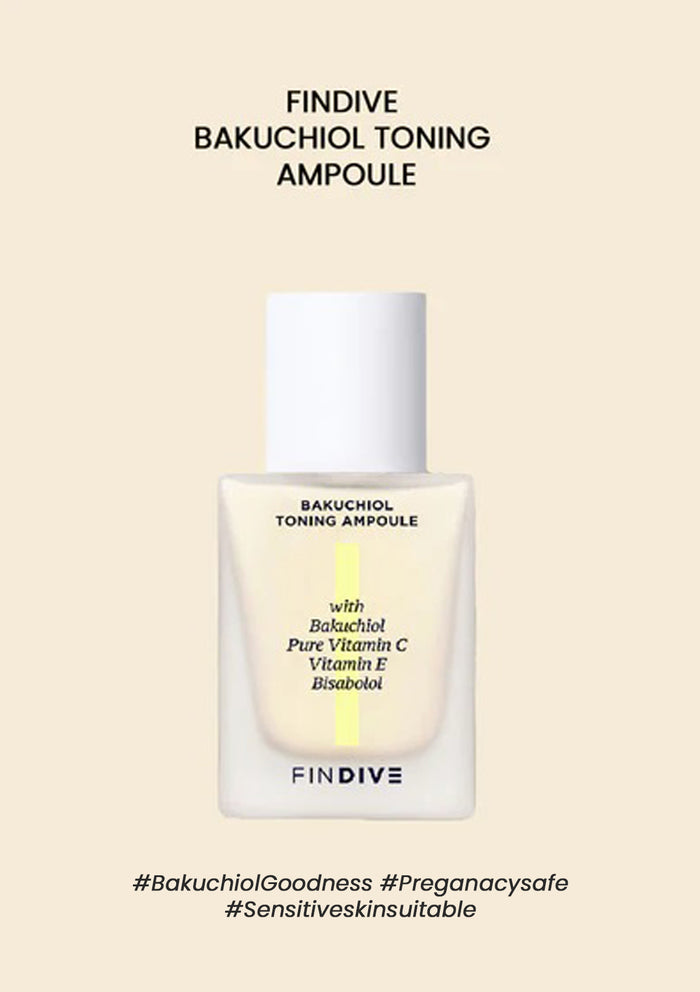A product image of FINDIVE Bakuchiol Toning Ampoule, a skincare product in a clear glass bottle with a white label, featuring text and branding.