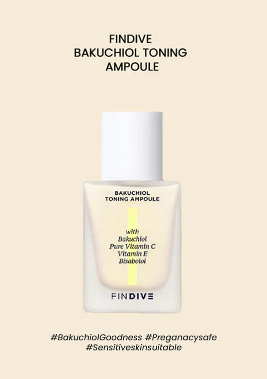 A product image of FINDIVE Bakuchiol Toning Ampoule, a skincare product in a clear glass bottle with a white label, featuring text and branding.