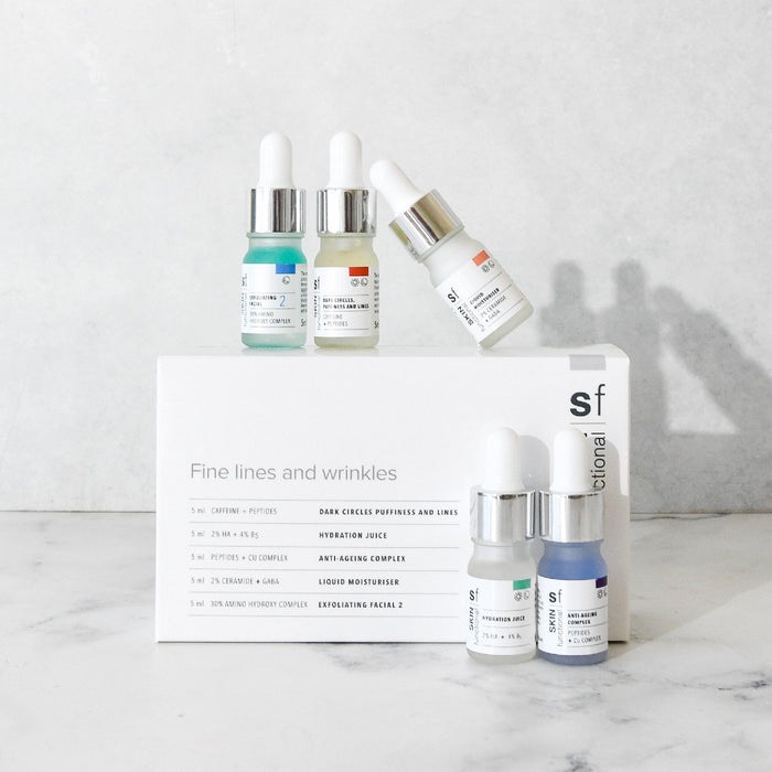 SKIN Functional Fine Lines and Wrinkles Skin Treatment Kit with details skincare product on a grey background