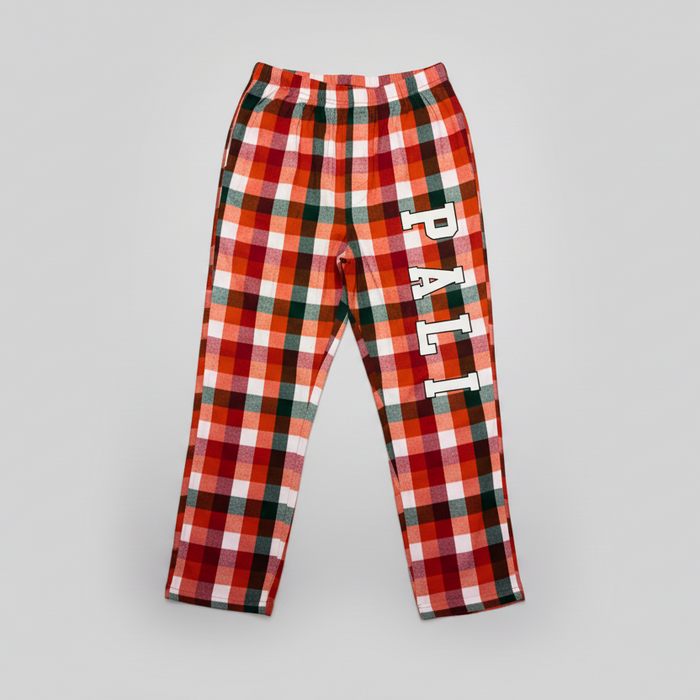 A pair of flannel pants with a plaid pattern in blue and pink colors, featuring a drawstring waistband and a 'PALI' logo on the left leg.