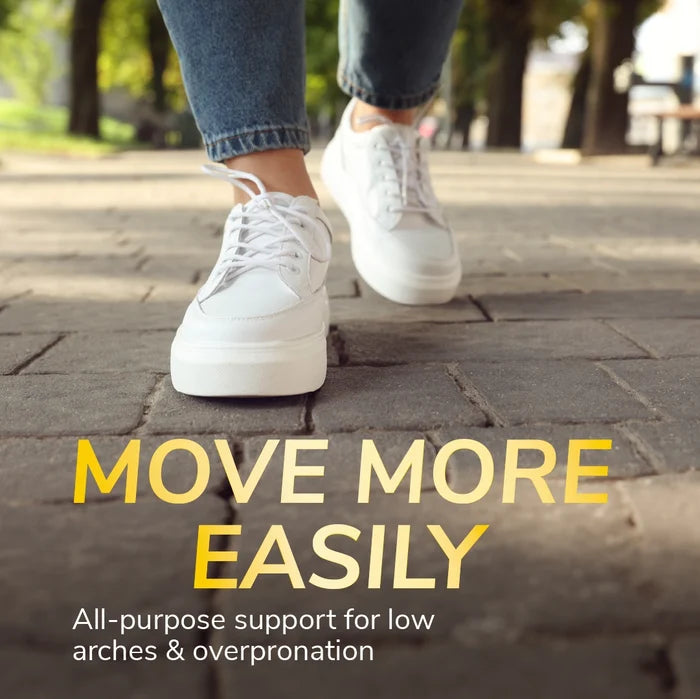 Flat Feet Support Insoles for Women by DrScholls shown with a person walking in white sneakers outdoors for easier movement and support for low arches and overpronation