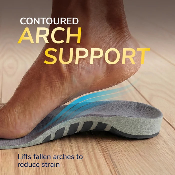 Flat Feet Support Insoles for Women by DrScholls with contoured arch support shown under a foot to lift fallen arches and reduce strain