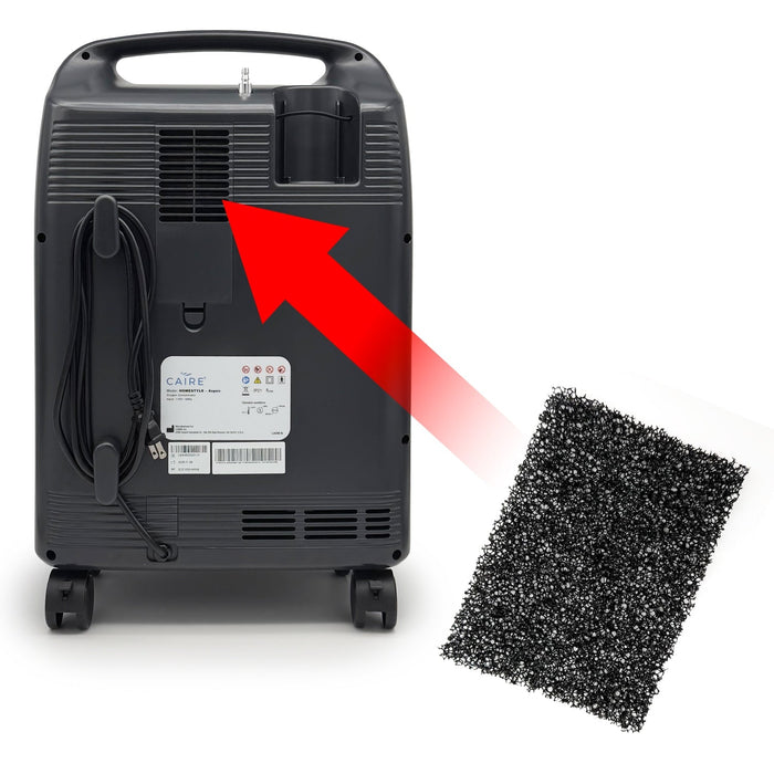 Black portable oxygen concentrator with a red arrow pointing to it, next to a black filter on a white background.