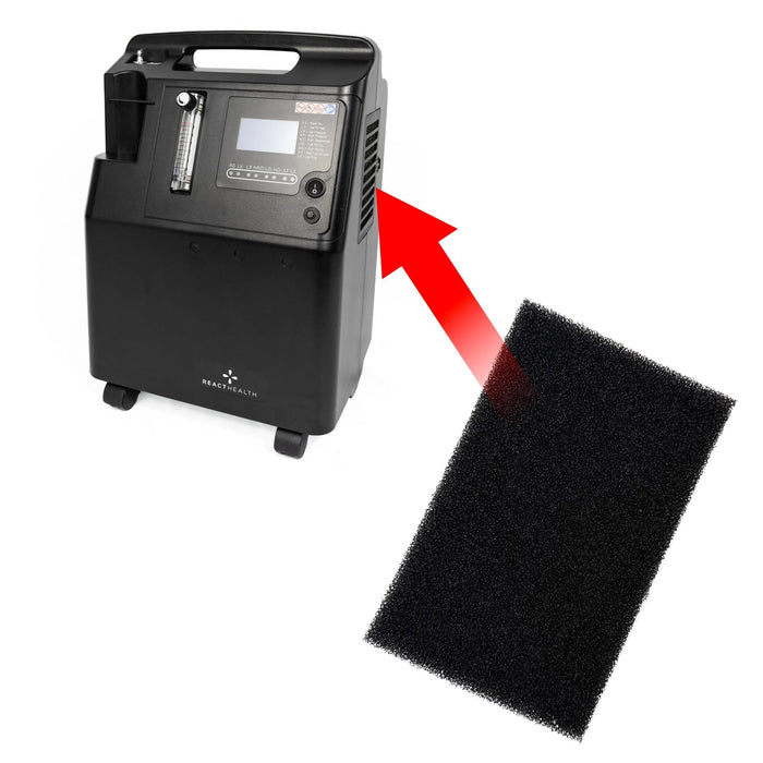 Black portable oxygen concentrator with a black filter on a white background