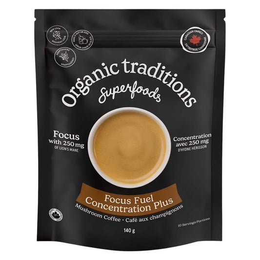 Package of Organic Traditions Focus Fuel Mushroom Coffee 140g