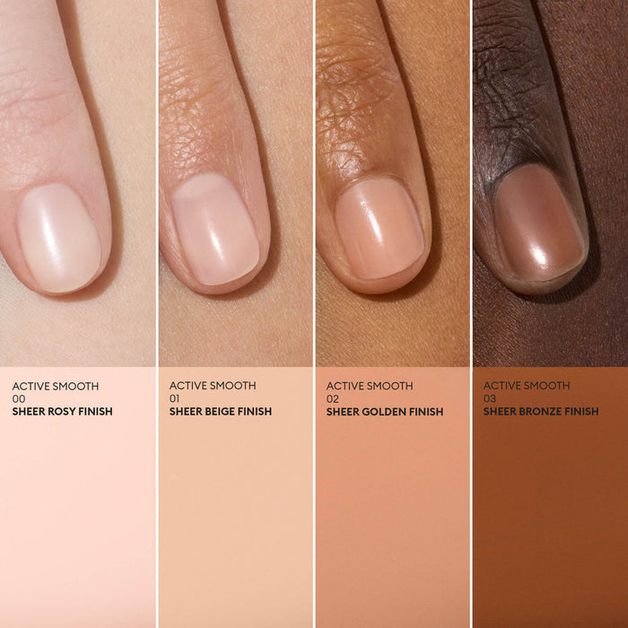 Four fingers, each with different skin tones and matching nude nail polish, are shown above labeled swatches: sheer rosy, sheer beige, sheer golden, and sheer bronze finishes. Perfect for elevating your nail care routine, these versatile shades from Manucurist’s Active™ Smooth 02 deliver a flawless finish while doubling as a nourishing nail treatment.