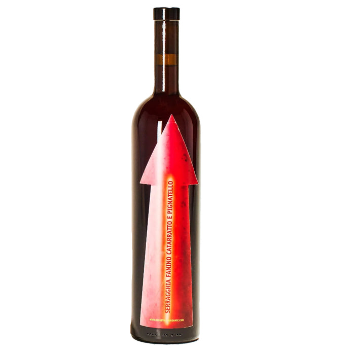 Red wine bottle with tall bottle shape and bold label design